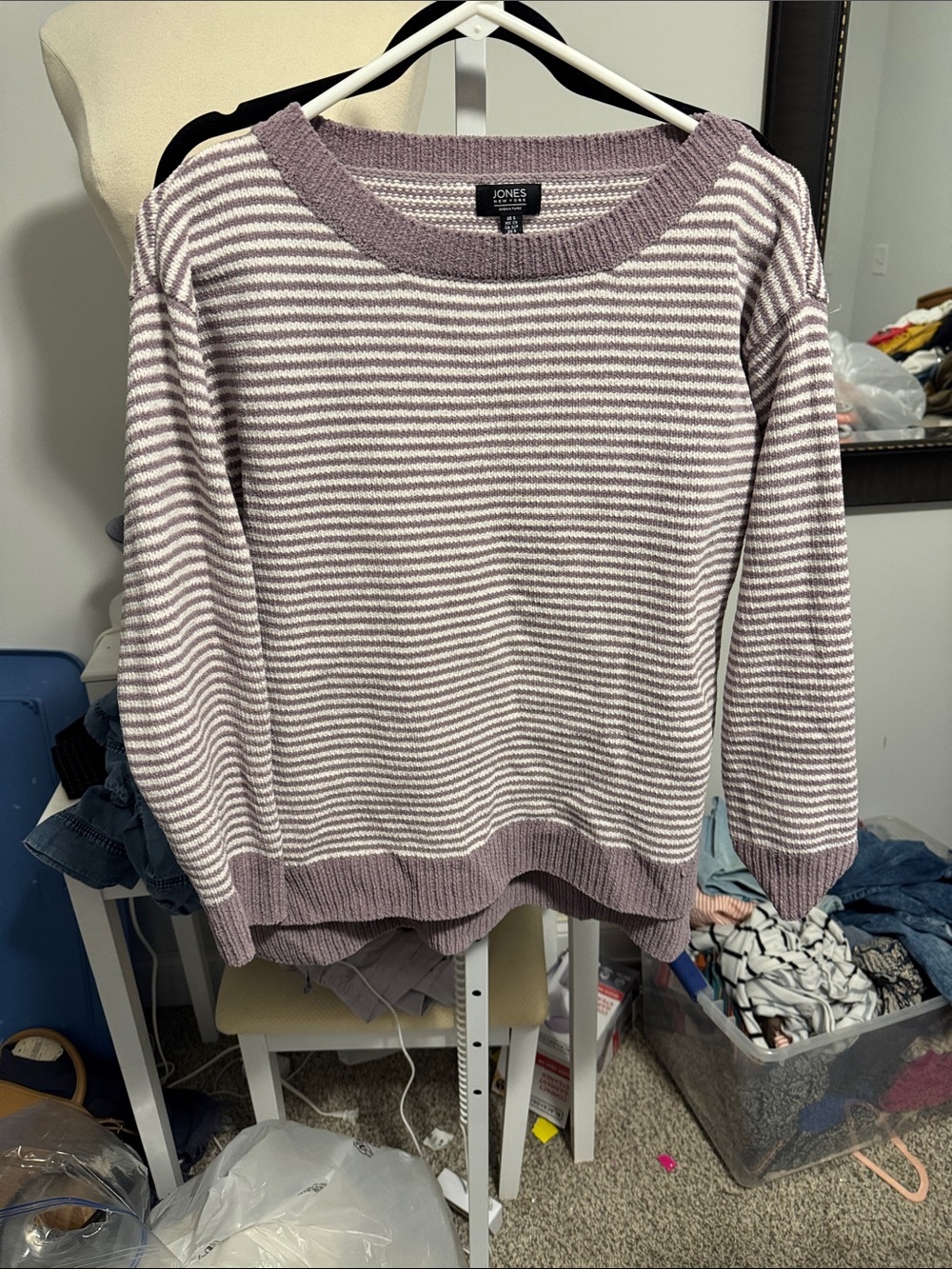Jones New York Lilac and White Striped Crewneck Sweater